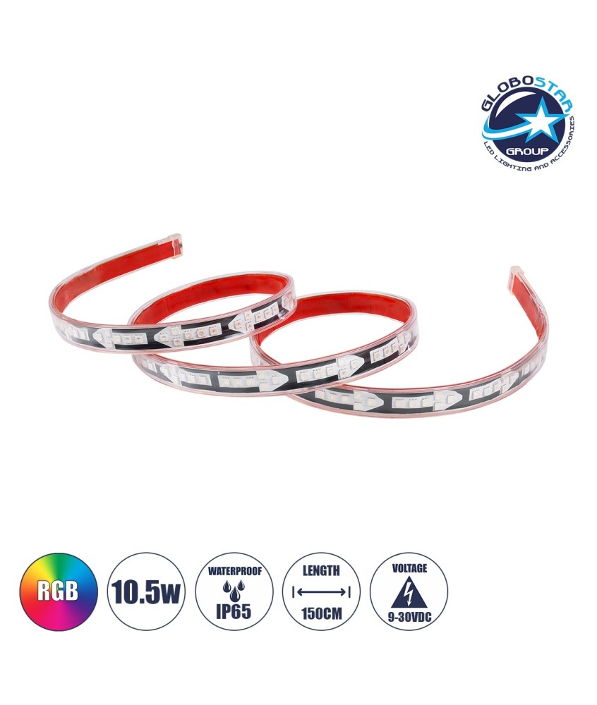 GloboStar® 81733 Car Backlit LED Strip Εύκαμπτη Ταινία 150cm Σήμανσης DRL Αυτοκινήτου 5 Προγραμμάτα Φωτισμού LED SMD 5050 10.5W DC 9-30V Αδιάβροχη IP65 RGB - 2 Χρόνια Εγγύηση